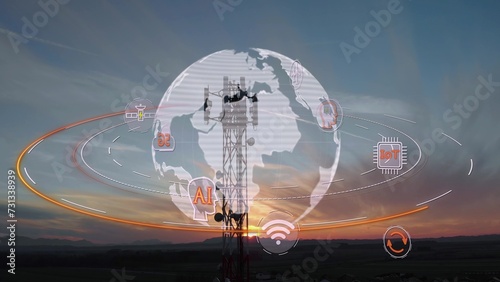 Wireless Technology Graphic And Digital Globe Around 5G Telecommunication Tower At Sunset. 3D render © Crovik Media