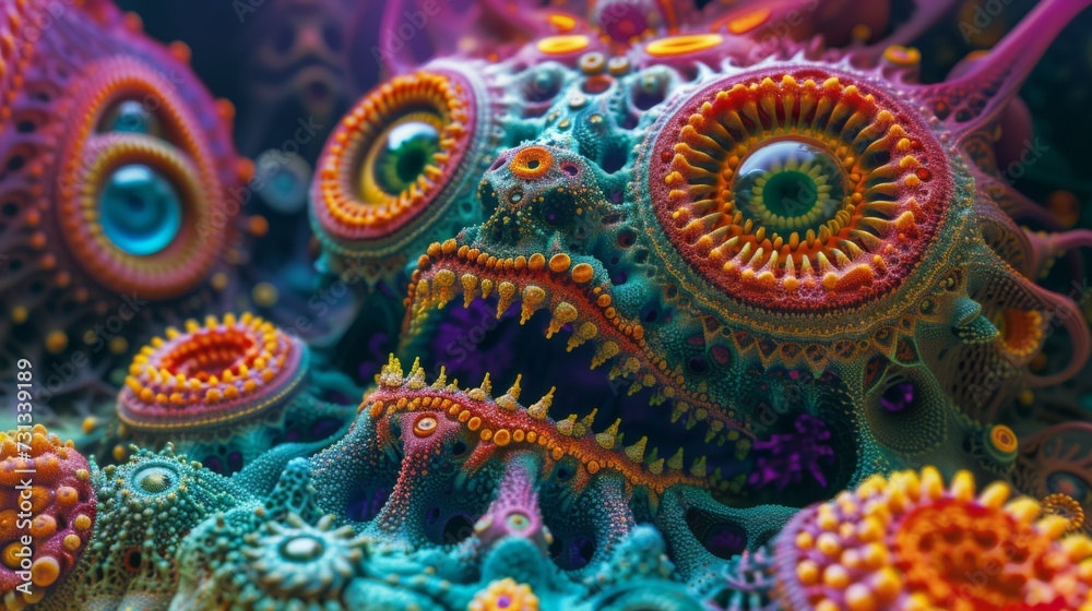 A colorful sculpture of a monster with many eyes and teeth, AI A colorful sculpture of a monster with many eyes and teeth, AI