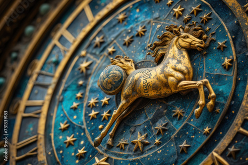 Sagittarius zodiac sign against horoscope wheel. Astrology calendar. Esoteric horoscope and fortune telling concept.