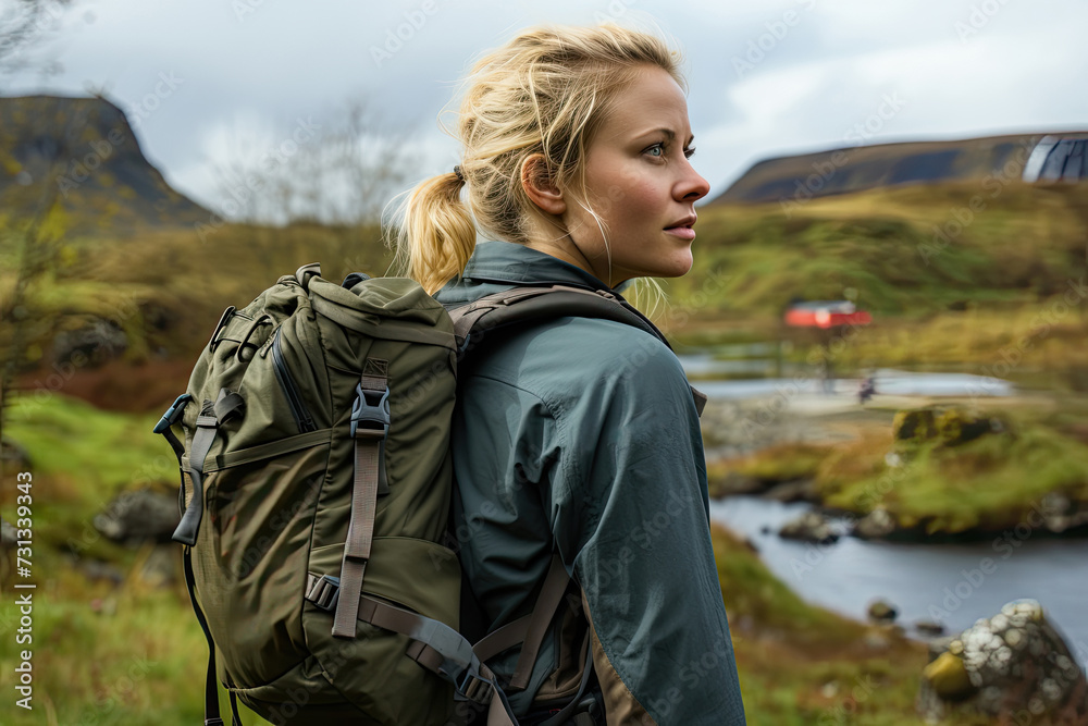 Spirited woman wearing a backpack stands in a picturesque field, her gaze captivated by the beauty of the surroundings.