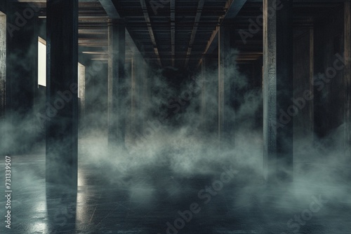 Generative AI illustration of dark empty hall with smoke