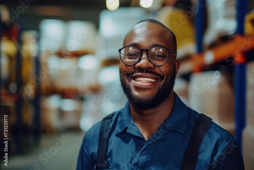 Generative AI illustrative portrait of cheerful African American male warehouse worker in uniform clothes and glasses smiling and looking at camera