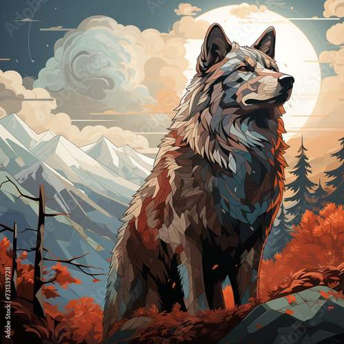 illustration of a wolf, wolf in the forest
