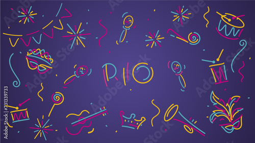 Rio Carnival 2024 elements banner. Mask drums rattles guitar fanfare whistle crown tiara flags ribbons sparkle firework confetti isolated on purple background