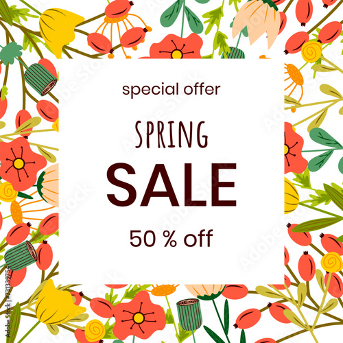  A spring sale banner for a shop window with flowers and leaves. Flyers, booklets with flowers and leaves

