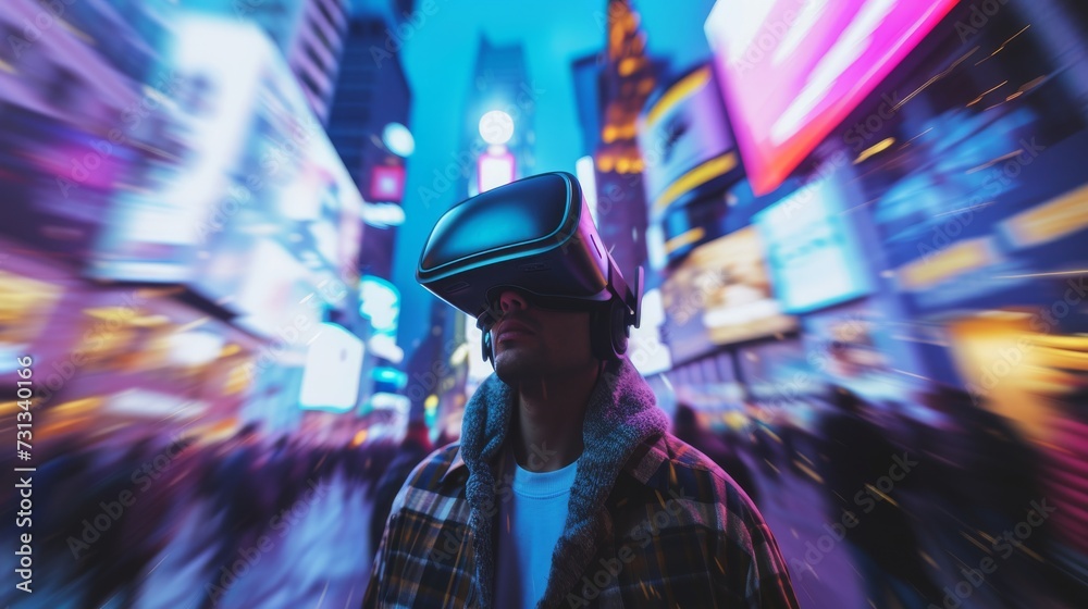 A man stands on a bustling city street, his human face obscured by a virtual reality headset and a hat, lost in a world of digital clothing