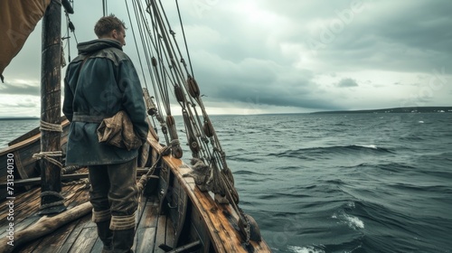 Amidst a serene sky and billowing clouds, a lone man stands on the deck of a ship, his clothing ruffled by the wind as he sets sail on the vast sea