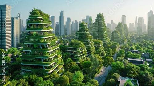 Modern green architecture, eco-friendly buildings covered in plants in an urban environment, symbolizing sustainable development