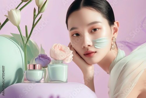 Elegant Skincare Routine, Asian Woman with Floral Aesthetics