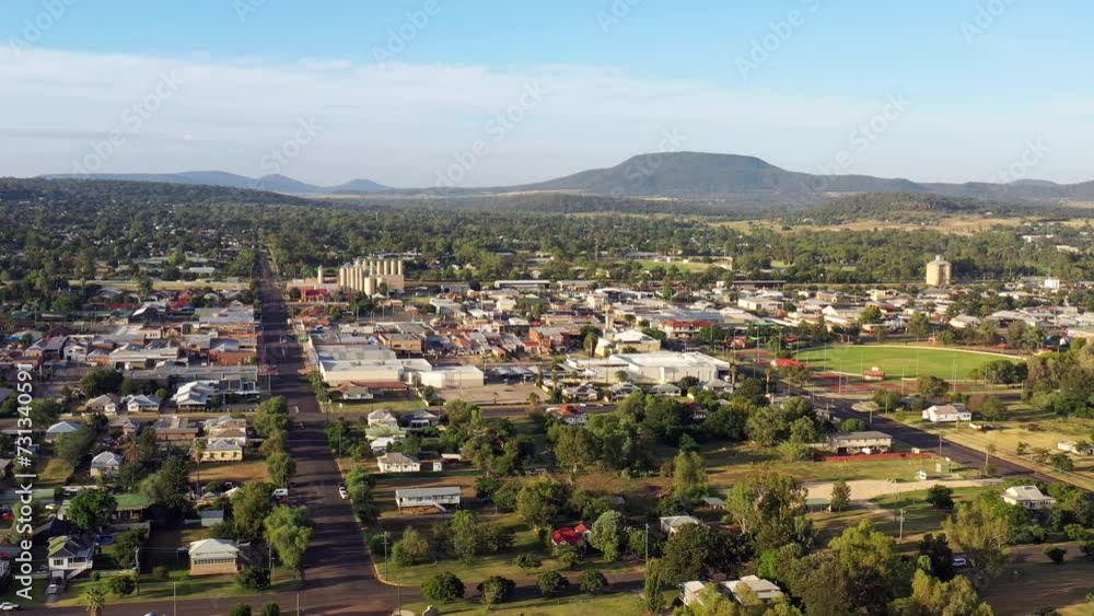 Aerial panorama of Gunnedah town in rural outback area of New England in AU 4k.
Aerial panorama of Gunnedah town in rural outback area of New England in AU 4k.