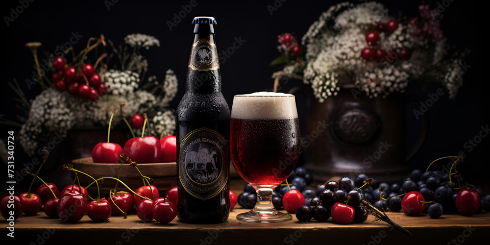 Freshness in a glass, nature celebration of autumn frothy drink Glass of beer next to plate of cherries and bottle of beer black background.