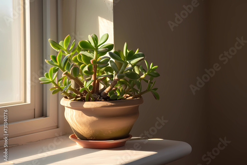 A lush jade plant nestled in a decorative pot adds a touch of natural elegance and vibrant greenery to any indoor space  infusing it with warmth and serenity