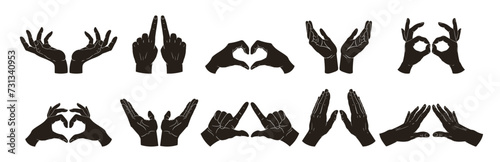 Cartoon human hand signs. Hands gesture silhouettes, various hand palms position flat vector illustration set. Monochrome palms gestures photo