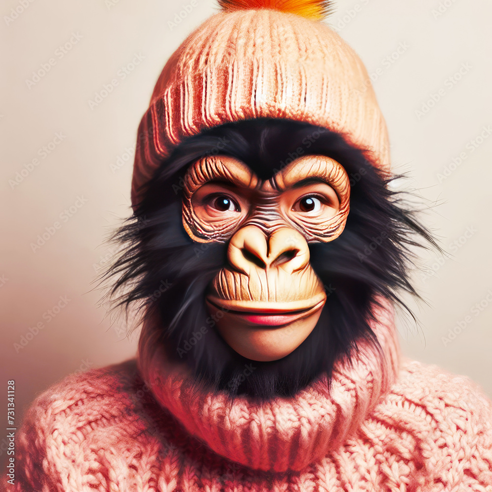 Monkey in the form of a human wearing winter clothes, including a pink knitted sweater and a hat with a fluffy pompom on its head. AI Generative.