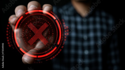 Businessman holding red x mark hologram for failed certification or audit concept with copy space photo