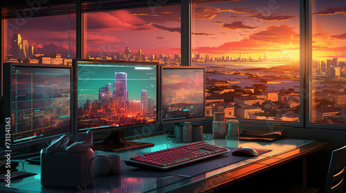 Computer in sunset view