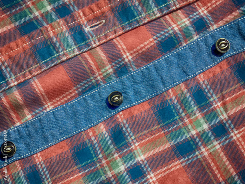 Blue-red check, cuffs, button, textile