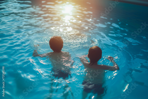 Children in the pool at sunset