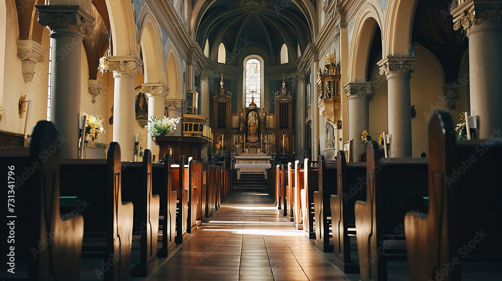 The sunlit aisle of an empty church with ornate architecture, leading to an altar with religious statues and stained glass windows