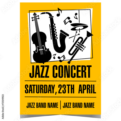 Jazz concert invitation poster or banner with a saxophone and other musical instruments. Vector design template of leaflet or flyer for music festival, live instrumental session or cultural show.