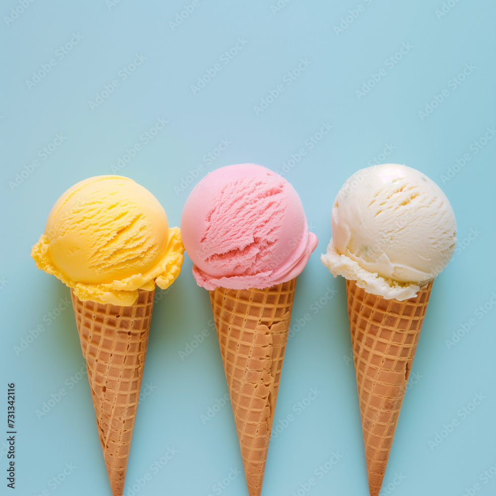 Beautiful, fruity ice cream in a cone, colorful background, summer colors Beautiful, fruity ice cream in a cone, colorful background, summer colors