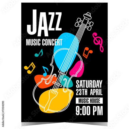 Jazz music concert leaflet or flyer with a violoncello and colourful musical notes. Vector template of invitation poster or banner for instrumental session at the Philharmonic or open air festival.