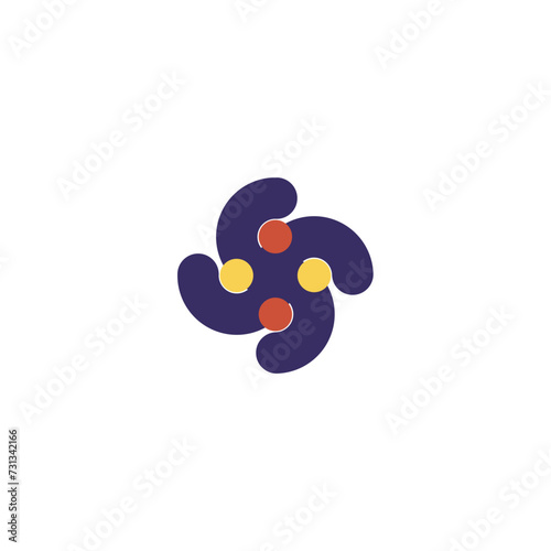 a purple and yellow logo with four circles