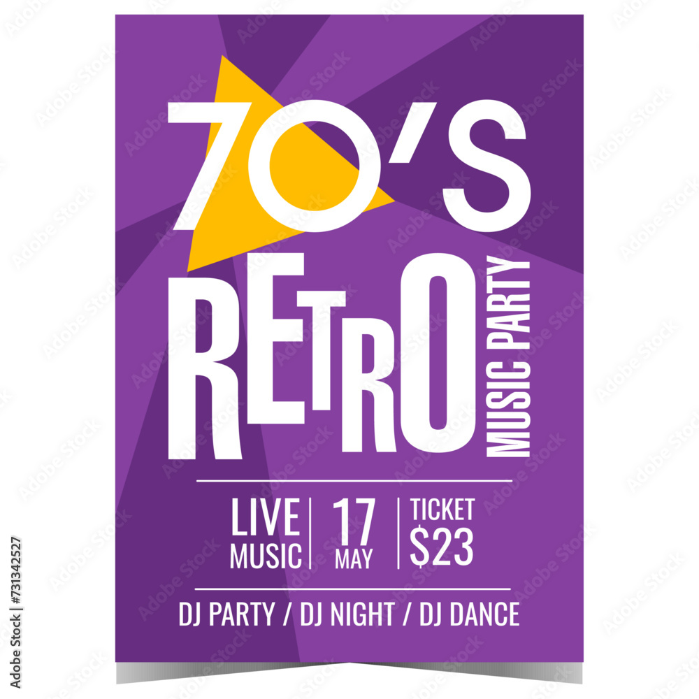 70s retro music party invitation poster or banner. Vector design template for old vintage entertainment event with hits from the seventies at disco dance night club with live DJ set.
