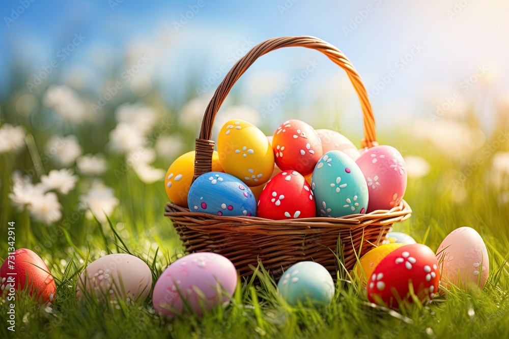 Easter eggs in wicker basket on green grass at sunny day. Ai Generative