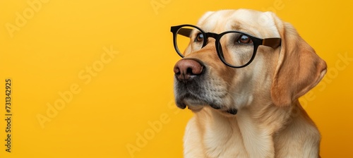 Stylish intellectual dog wearing black glasses on vibrant yellow background with space for text