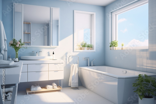 Full of sun light white minimalistic bathroom  blue and silver interior elements