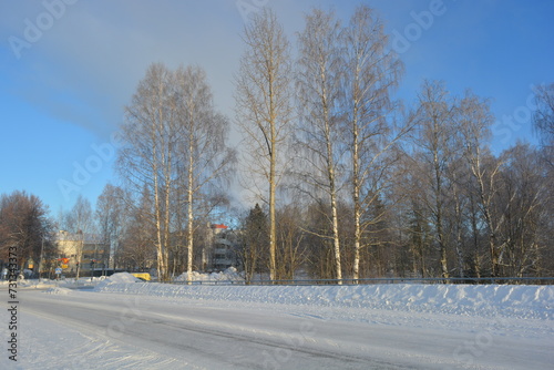 A real snowy winter in Varkaus, Finland. Finnish houses in white snow with trampled roads, beautiful trees, fir trees, spruces growing in wildlife.