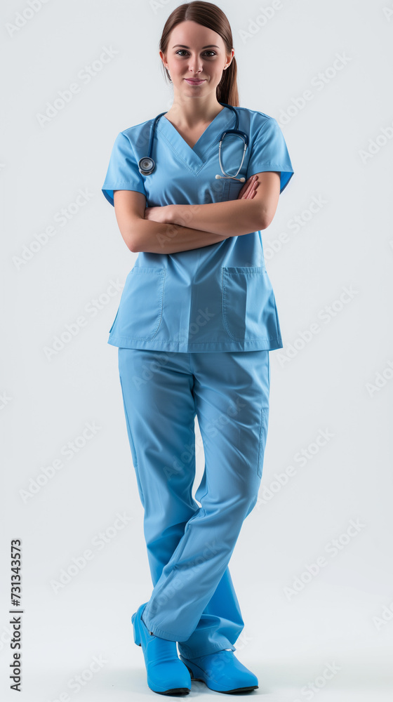 A healthcare professional stands confidently, adorned in blue scrubs with a stethoscope around the neck, embodying professionalism and readiness.” A healthcare professional stands confidently, adorned in blue scrubs with a stethoscope around the neck, embodying professionalism and readiness.”