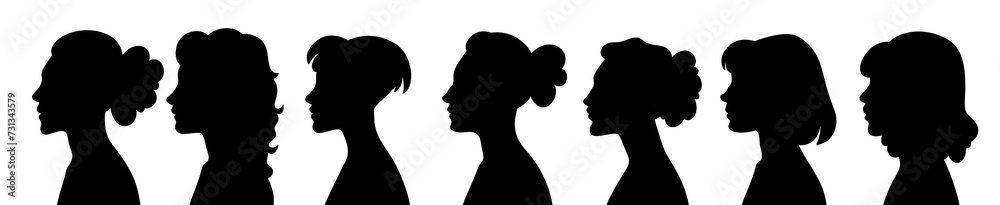 Silhouette heads.Set of profile face of different people. Man and woman heads in profile symbol.Set man and woman head icon silhouette. Anonymous faces portraits, black outline photo design