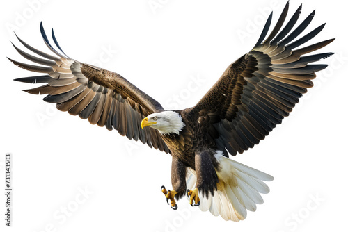 A stunning image capturing a bald eagle in mid-flight  showcasing its powerful wings and intense gaze.