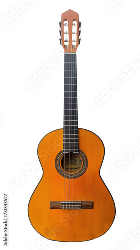 A beautifully crafted classic acoustic guitar, showcasing its wooden texture and design, isolated against a white background.