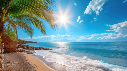 A pristine tropical beach with waves gently crashing on the shore under a radiant sun, and a palm tree adding a touch of greenery.