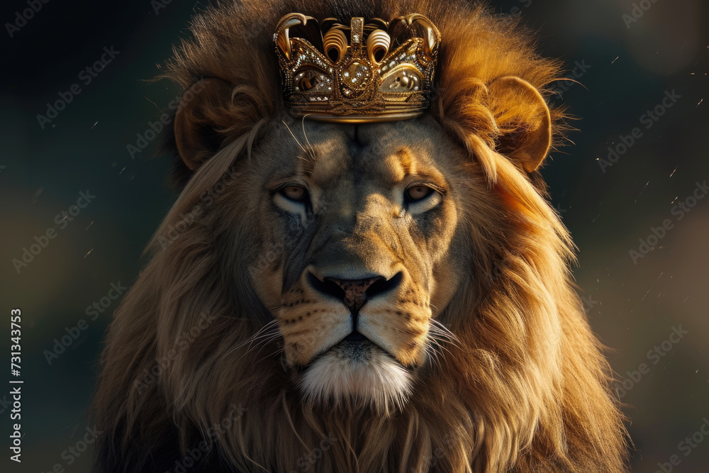 majestic lion with a golden mane and a crown on his head