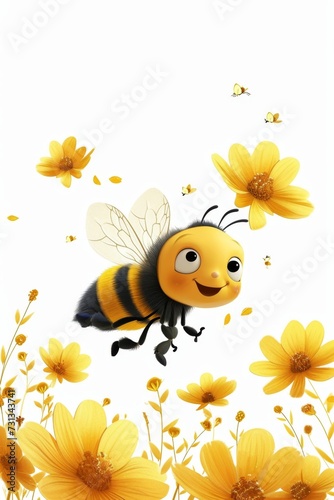a bee flying near flowers to collect honey on a white background