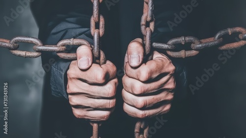 Close up of a man s hands shackled with a rusty steel chain in dramatic lighting