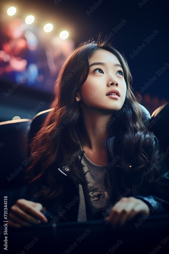 Fototapeta premium Asian girl watching movies in cinema