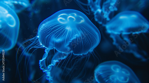 Mesmerizing and otherworldly, this stock image showcases a luminous jellyfish texture, with its delicate tentacles and ethereal bodies repeating in a captivating underwater scene. Perfect fo © Nijat