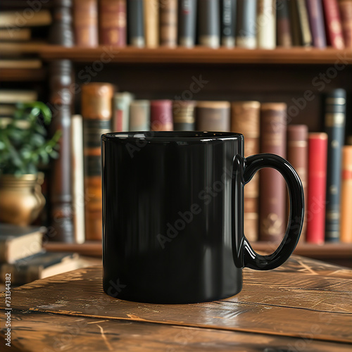 Mock up of black mug on wooden table with library background