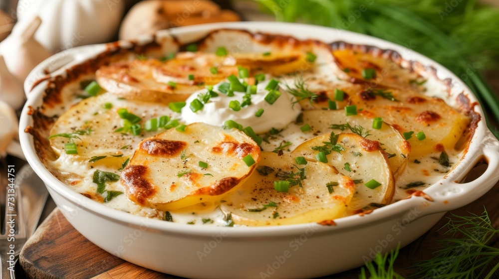 Baked potato slices with melted cheese and creamy sauce on a white serving dish in the oven Baked potato slices with melted cheese and creamy sauce on a white serving dish in the oven