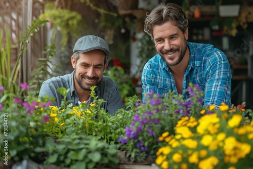 Happy gay couple planting flowers together at home © Тамара Печеная