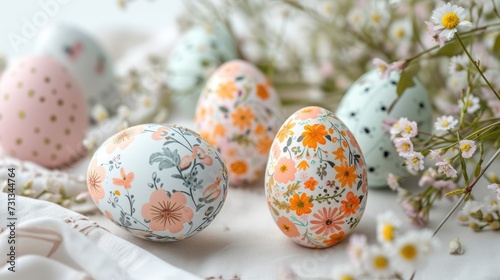 Intricately painted Easter eggs on a white backdrop capture the essence of springtime and joyful celebration.