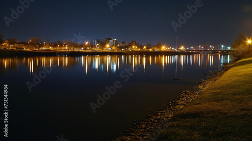 Serene cityscape at night with twinkling lights and reflective river. A picturesque view of urban tranquility. © Nijat