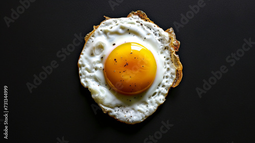 top view of fried egg on black background with copy space