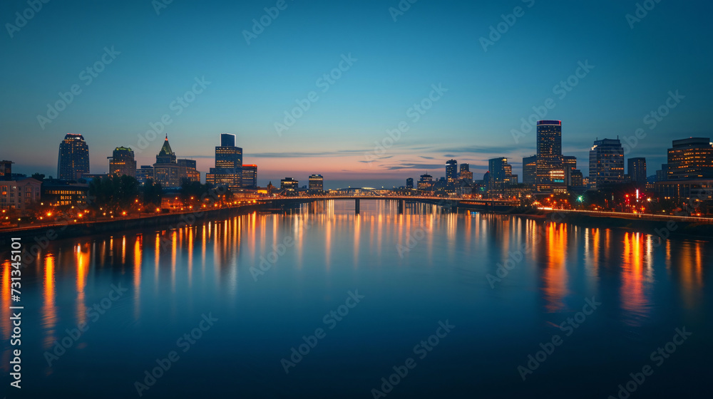 Serene cityscape at night with twinkling lights and reflective river. A picturesque view of urban tranquility.