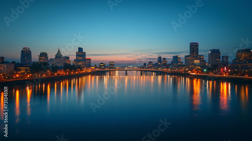 Serene cityscape at night with twinkling lights and reflective river. A picturesque view of urban tranquility.